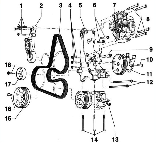 Схема прокладки ремня привода вспомогательных агрегатов. 4-цилиндровый бензиновый двигатель