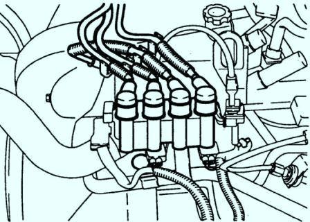 High voltage wires connect ignition coils to spark plugs