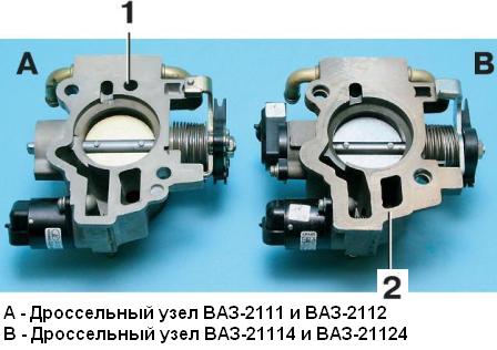 Дроссельные узлы двигателей ВАЗ-21114 и ВАЗ-21124 (В) отличаются от дроссельных узлов двигателей ВАЗ-2111 и ВАЗ-2112 (А)
