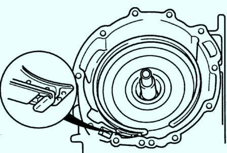 Установите тормозную ленту 2–4 в картере коробки передач 