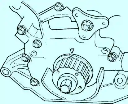 Снятие, проверка и установка зубчатого ремня KIA Sephia Проверьте, что метка на шкиве зубчатого ремня коленчатого вала совмещена