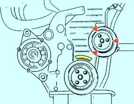 Установите шкив водяного насоса и закрепите болтами
