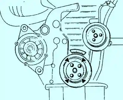 Снятие, проверка и установка зубчатого ремня KIA Sephia Выверните болты и снимите шкив привода навесных агрегатов