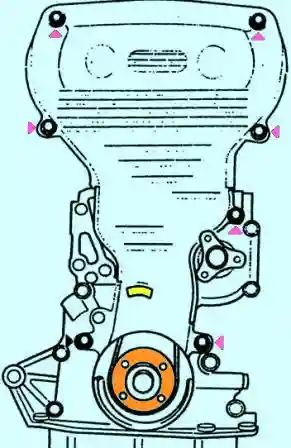 Снятие, проверка и установка зубчатого ремня KIA Sephia Выверните болты и снимите верхний и нижний кожухи