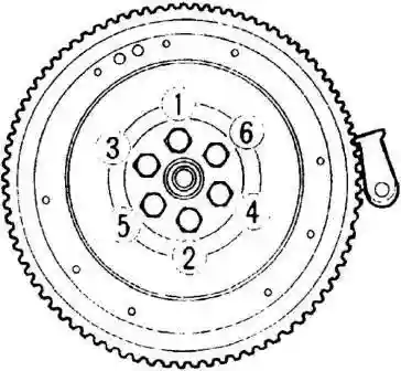 В определенной последовательности, в два или три этапа затяните болты крепления маховика