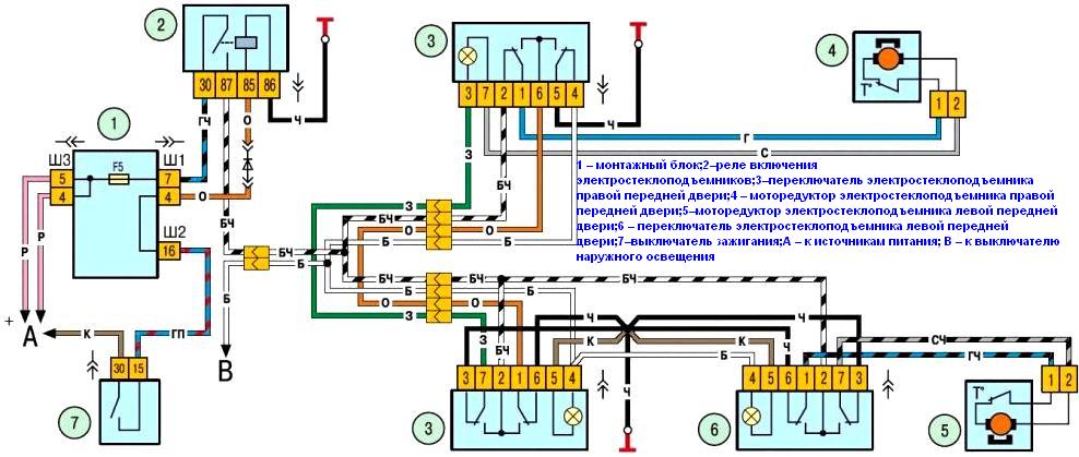 Схема включения электростеклоподъемников передних дверей