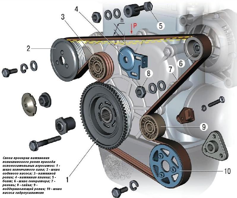 Схема проверки натяжения поликлинового ремня привода вспомогательных агрегатов