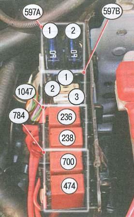 Relays and fuses in the engine compartment