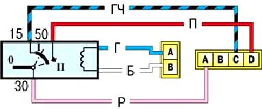 Схема соединений выключателя зажигания (при вставленном ключе) 